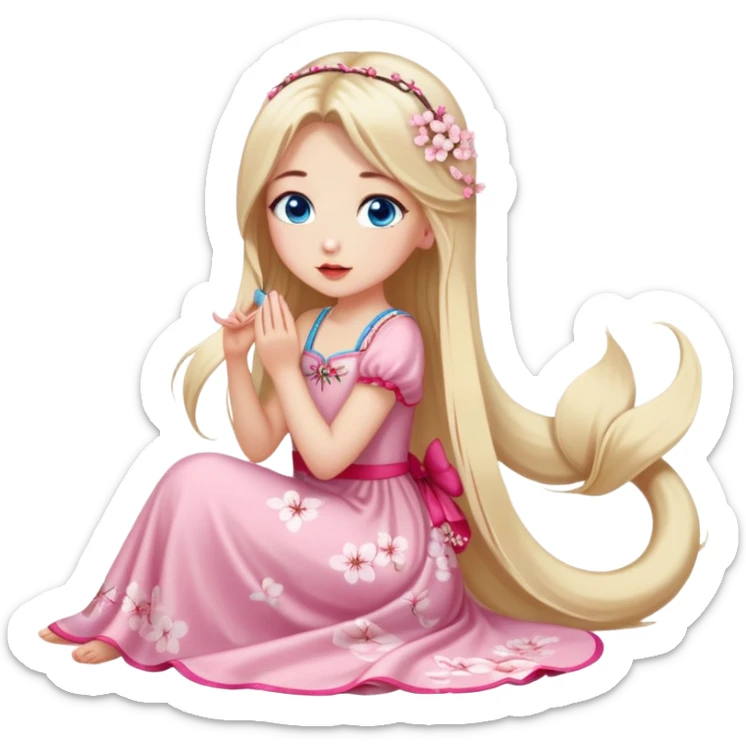 Turkish Girl with long blond hair with cherry blossom accessories on her hair with a long tailed cherry blossom dress on the ground and have blue eyes with beautiful finish and she sending lovely kisses  sticker
