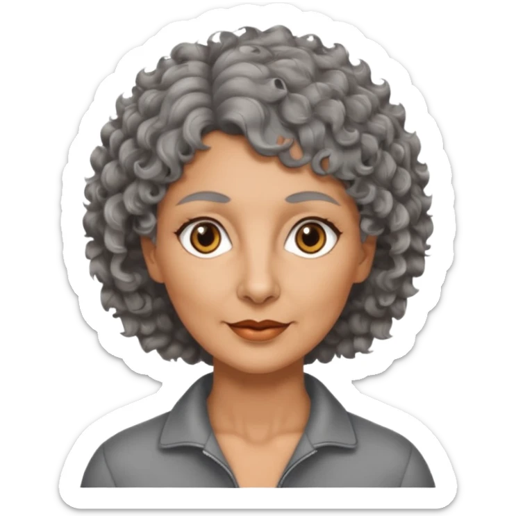 woman 50 years old, tanned skin, short grey curly-wavy wolf cut hair, brown eyes sticker