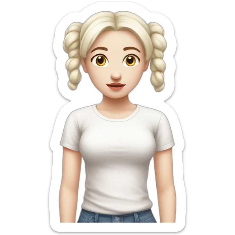 sad girl with pale skin and white hair in two buns, white t-shirt sticker