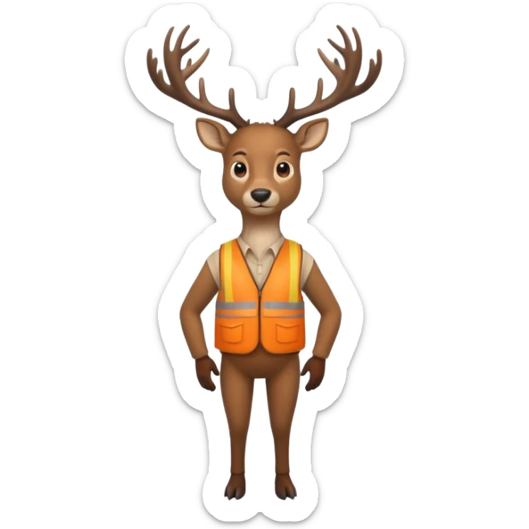 crea un venado de cuerpo completo que lleve un chaleco color naranja y que el chaleco lleve en el lado izquierdo el nombre de (telamon) sticker