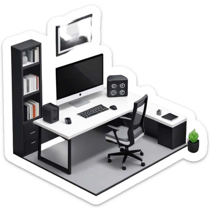 An isometric 3D room with two walls that meet at the back left and right. The floor is made of gray wood. The room is decorated in a modern black and white style. In front of the window is a wide desk with a large monitor and an open laptop, with a black gaming chair next to it. sticker