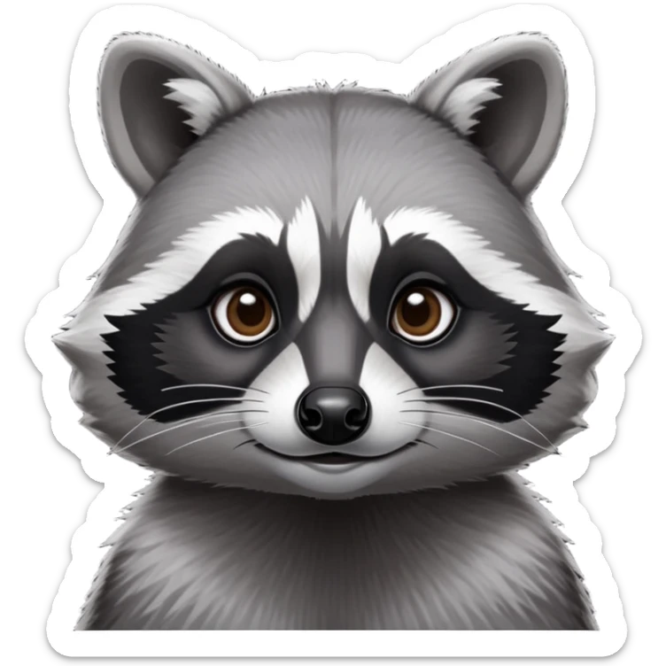 Cinematic-Noble-Raccoon-Portrait-Emoji – Poised and confident, with a sturdy build and a beautifully textured fur of silver-grey accented by dark black facial markings, deep-set, large big black eyes revealing no white, simplified yet sharp and sophisticated zoom out to show shoulders sticker