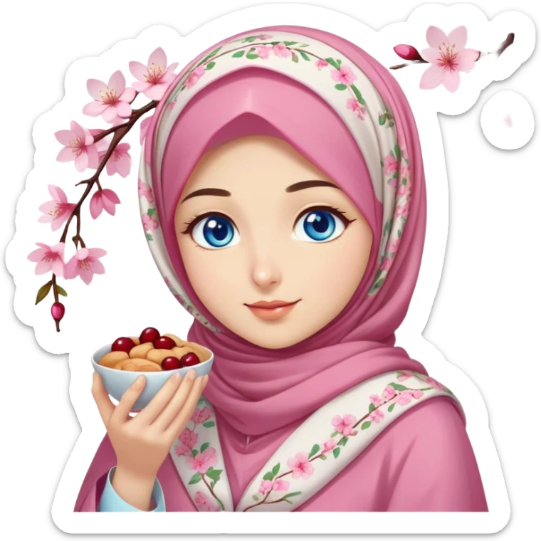 Turkish beautiful finish Konya girl blue eyes with cherry blossom floral hijab islamic dress and she’s savouring delicious food face sticker