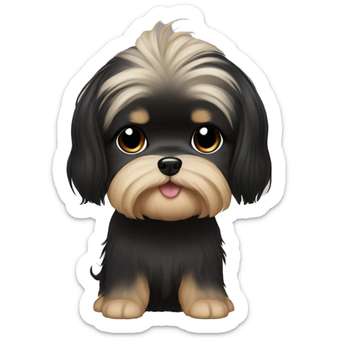 long black hair korean girl with beige and black shih tzu yorkie, short floppy ears. He has light eyebrows  sticker