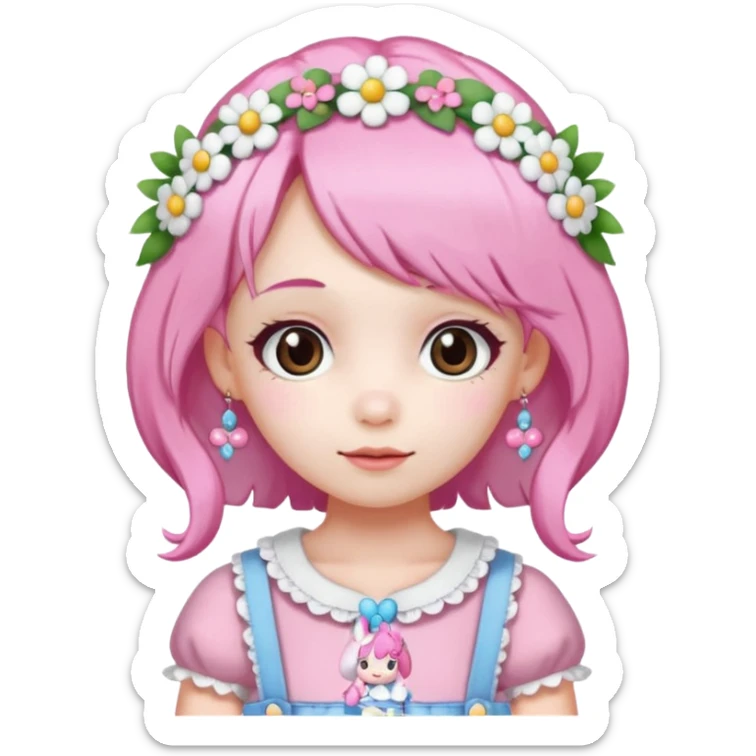 A girl with pink and white hair, adorned with flowers as hair accessories, wearing My Melody clothing.Let the girl be older  sticker