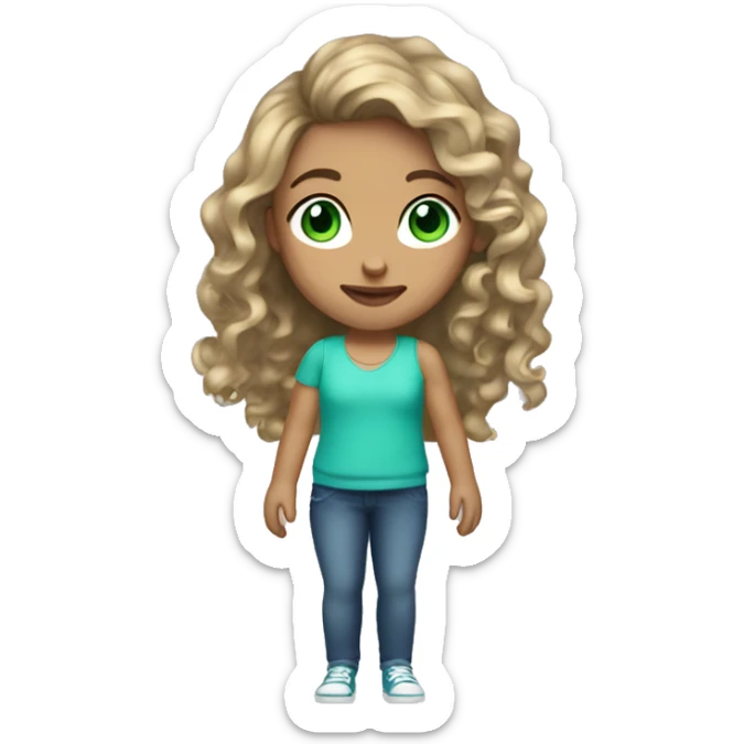 A girl with dark blonde wavy hair, green blue eyes, freckles and three earrings in each ear sticker