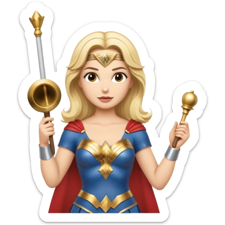 Blonde Wonder Woman holding short white orchestra conductor’s baton and bell sticker