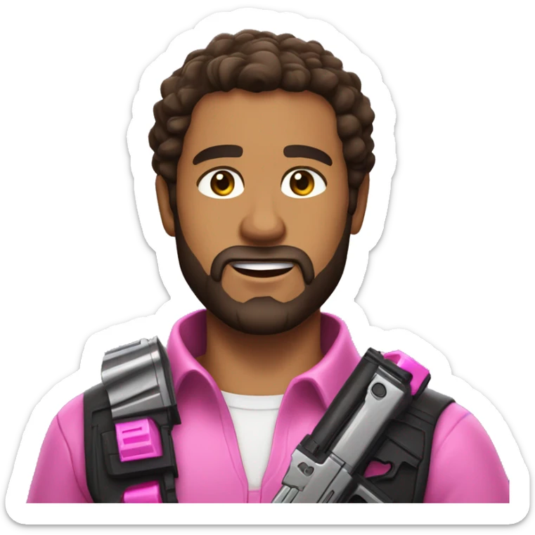 Lightly tanned man with dark brown hair, brown eyes, and a beard, holding a sparkly pink nerf gun sticker