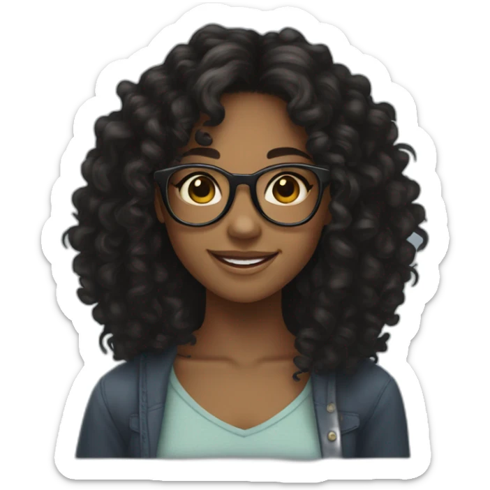 smiling black teenager girl with long black curly hair and round glasses sticker