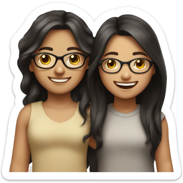 An emoji of a brunette girl with long hair, joyfully holding hands with a black-haired girl wearing glasses, both smiling and expressing happiness sticker