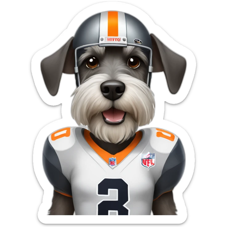 A dog schnauzer wearing football pads and  a helmet of the Bears sticker