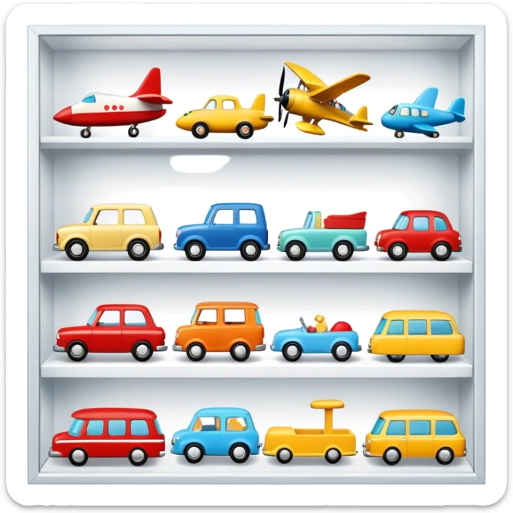Icon for Toy Collecting: a collection of various vintage toys such as dolls, tumblers, cars, planes, ships, action figures and plush animals, displayed neatly on shelves or in display cases. The icon should evoke the joy and nostalgia of collecting toys. Transparent background. sticker