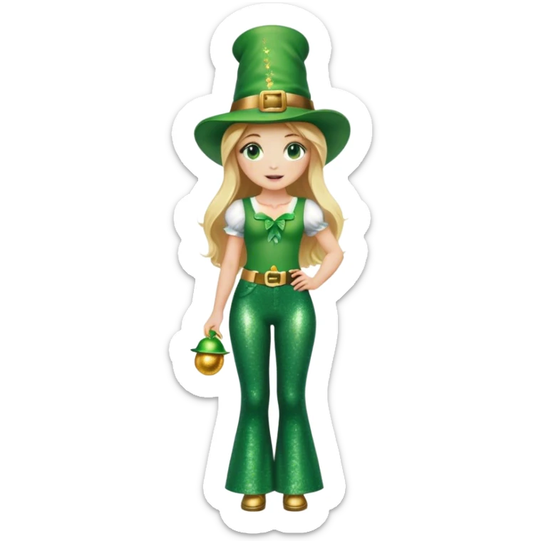 Blonde haired girl in glittery green bell bottoms and tall leprechaun hat sticker