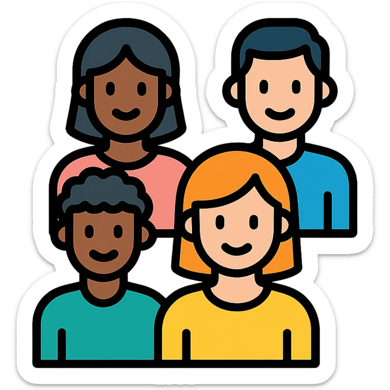 icon of a diverse group of people, inclusive, different skin tones, simple and friendly, representing diversity sticker