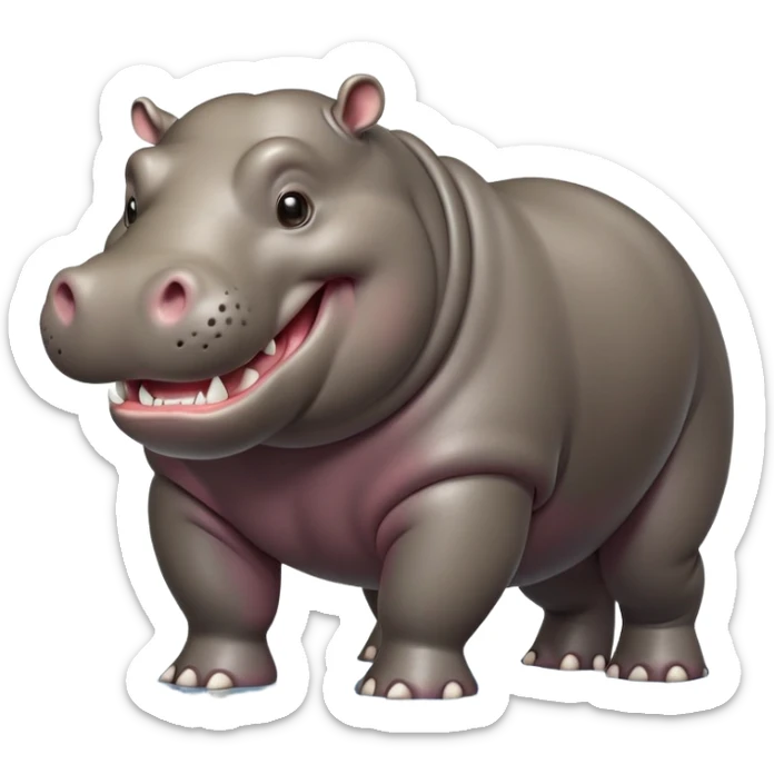 cinematic-hippo-realistic-full-body side view-standing on all fours-emoji,-massive-round-frame,-wide-mouthed-grin-exposing-huge-teeth,-head-tilted-dramatically,-thick-greyish-brown-hide-glossy-from-water,-simplified-yet-realistic-focused-features,-highly-detailed,-glowing-with-an-almost-sarcastic-glow sticker