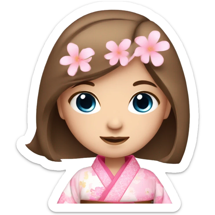 cute girl brown straight hair and blue eyes in pink flower kimono sticker