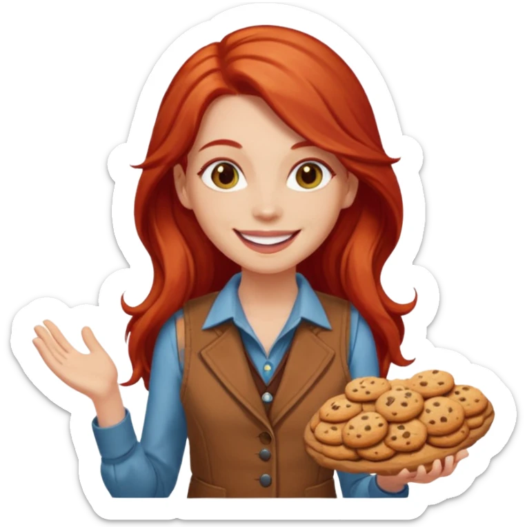 white girl scout with red long hair selling cookies with a brown vest sticker
