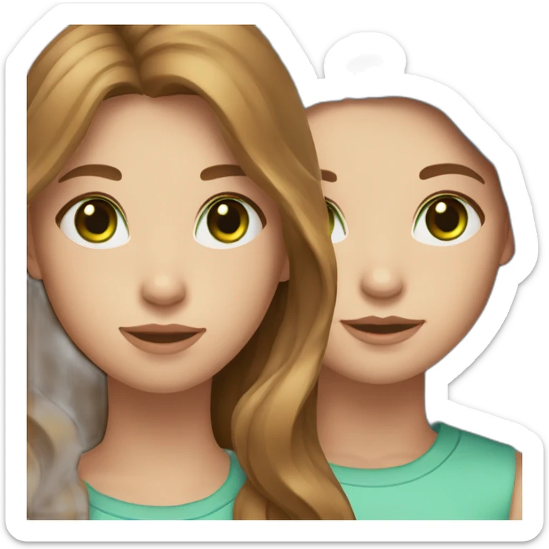 1 girl with wavy light brown long hair, blue eyes and freckles and 1 girl with long straight brown hair, green eyes sticker