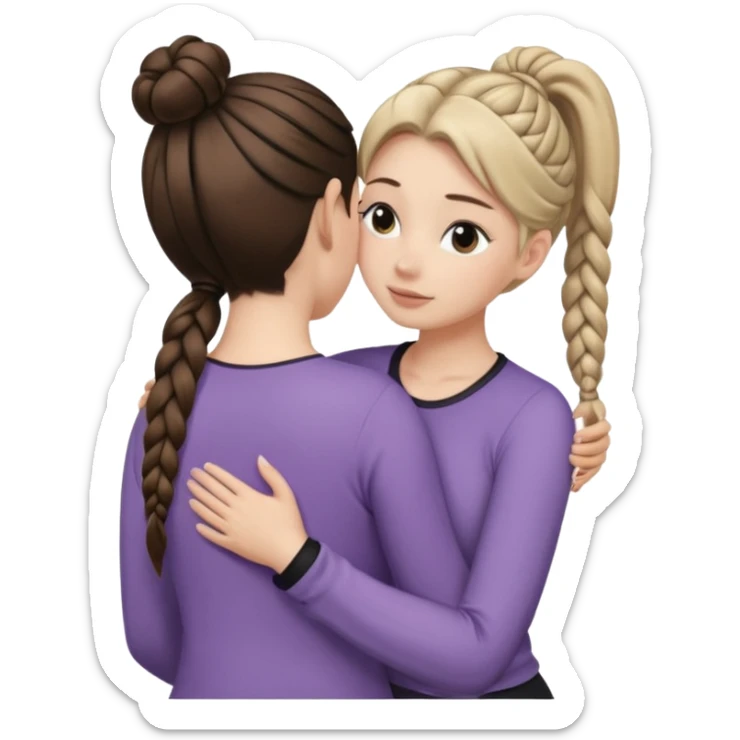 Comforting Hug two white skin women, one shorter woman with medium brown simple top ponytail, not braided, and one taller woman with a single long black side braid sticker