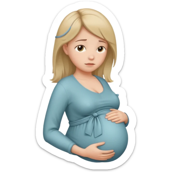 pregnant woman with neatly tied hair looking tired touching her big belly softly and breath slowly sticker