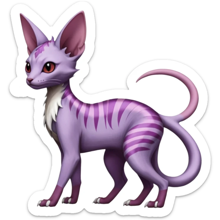 Furry, scaly, Purple, white, black, Minccino-Sphynx-Lykoi-Linoone-Zangoose-fusion-hybrid-animal-Fakémon-creature, full body, thin long sleek scaly tail, intricate markings sticker
