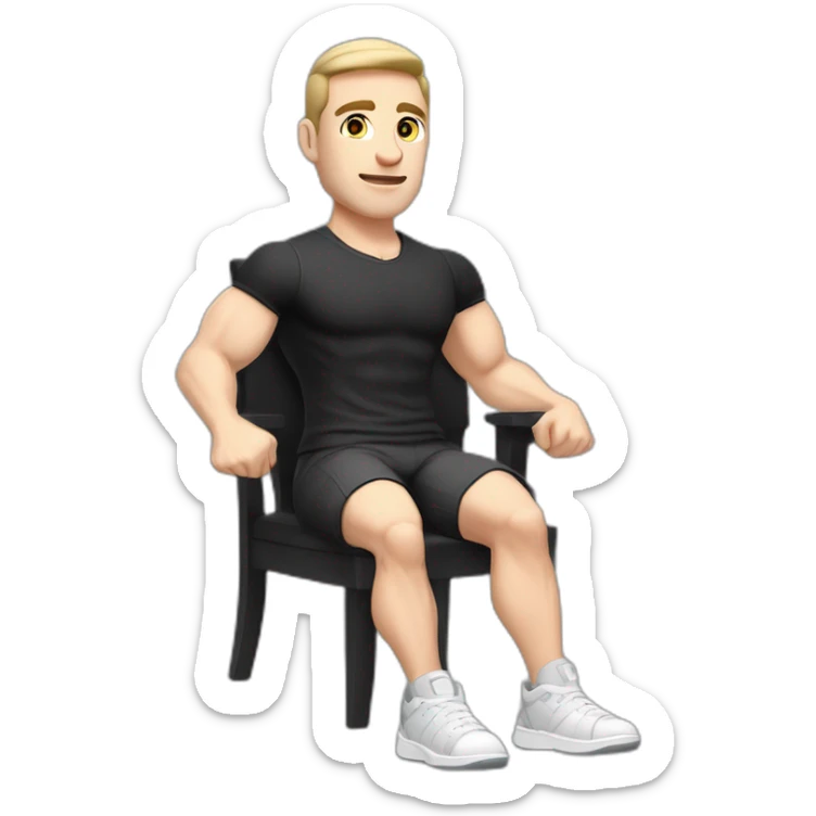 Pale skinned Fit Man With the biceps and dark brown hair in black shirt, gray sports shorts and white Sneakers Sitting on a chair sticker