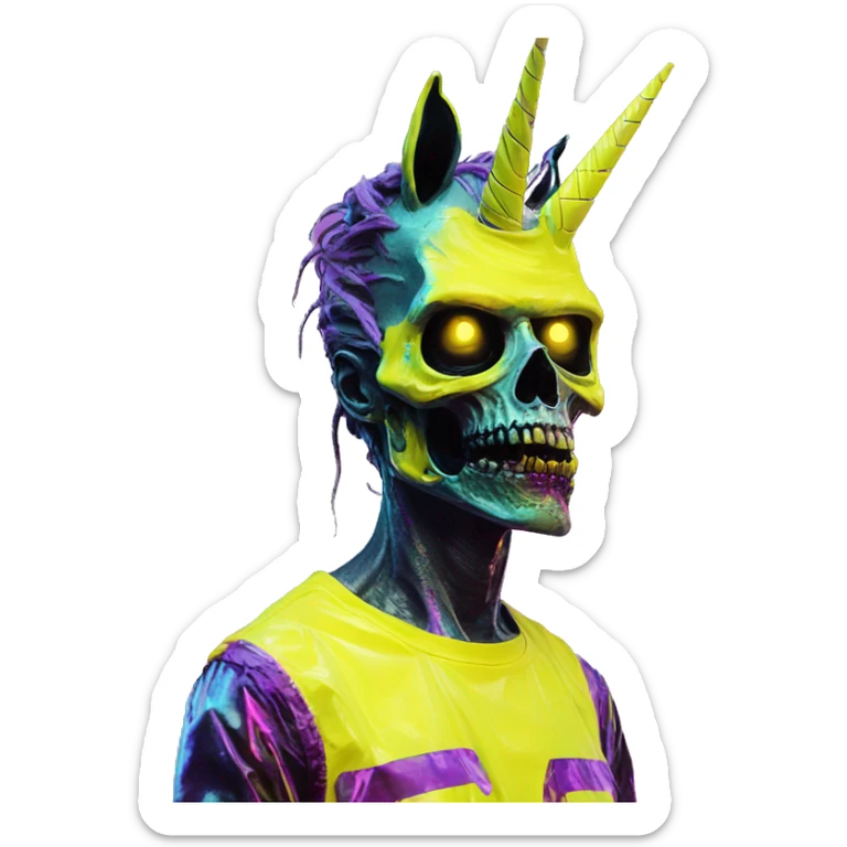 .Zombie_ Vaporwave black holographic oilslick zombie unicorn yellow caution tape sticker