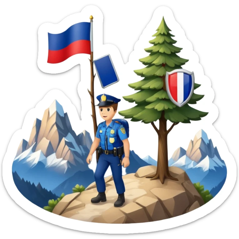 Adventurous man hiking with a police badge with mountains in the background. The French flag is on a tree sticker