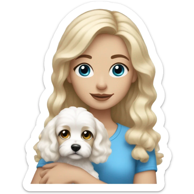 Blonde-haired girl with blue eyes, cute top and holding white cavachon dog sticker