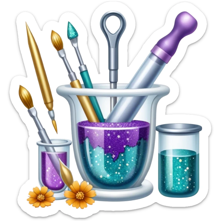 Jewelry making icon with epoxy resin used to encase materials like dried flowers, metals, stones, or pigments, resin with pearlescent, glitter, or shimmering effects, visible resin in tubes and mixing tools, minimalistic style, clean lines, transparent background. sticker