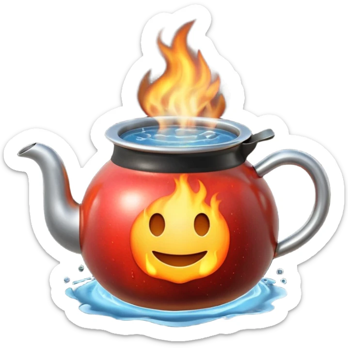 Ultra detailed 3D Apple-style emoji of a small pot or kettle filled with water placed on fire, the water is boiling intensely with visible steam and bubbles rising, bright lighting, clean white background, high-quality realistic emoji rendering. sticker