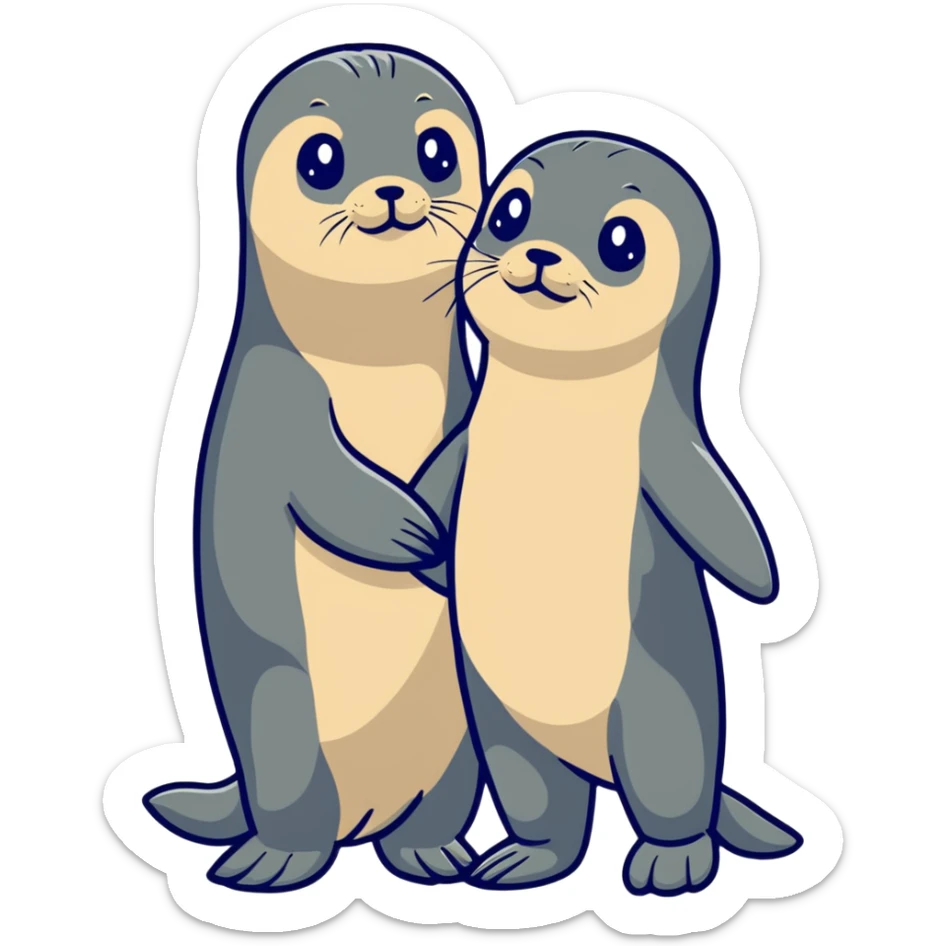funny fur seal in the arms of a young girl who is standing next to her boyfriend sticker