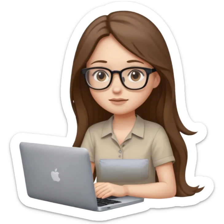 Girl in glasses,brown long hair, beige shirt, sitting with gray MacBook sticker