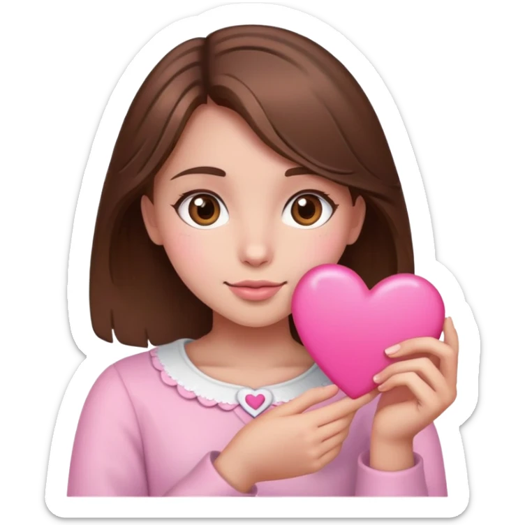 Girl whit brown hair and eyes holding a pink heart sticker