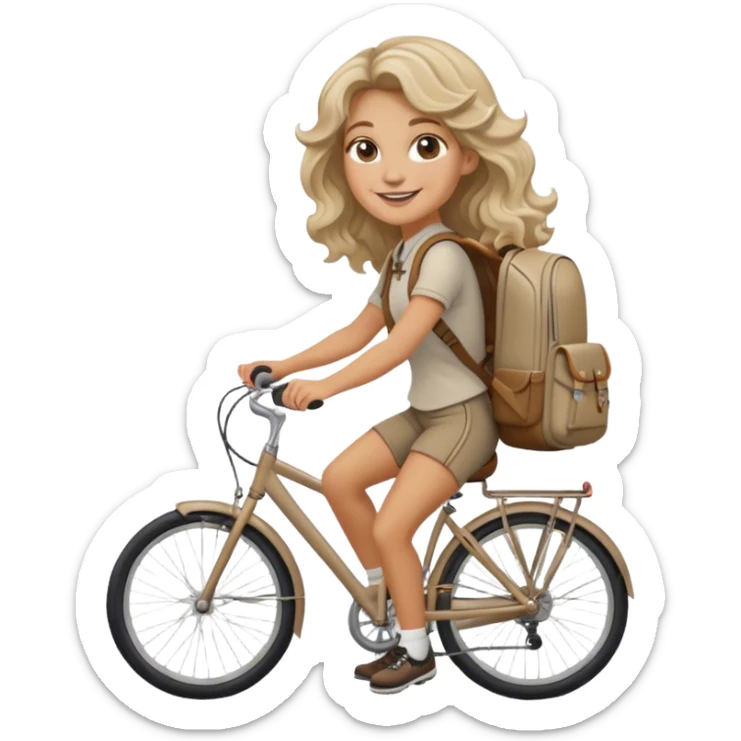 mujer trigueña con pelo ondulado rubio ceniza y con nariz aguileña y sonrisa atrapante en bicicleta con mochila sticker
