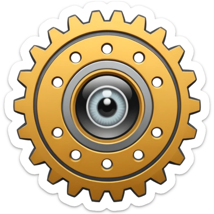Minimalist emoji-style sticker of a mechanical gear with a realistic eye in the center. Flat graphic icon in grayscale. sticker