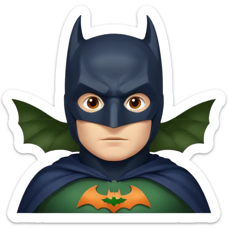 generate a batman emoji with just the face and neck showing and part of the cloak and and wings. Shade the bat logo on the chest in a medium green with a slight olive touch. Shade the mask in dark navy blue and the the cloak in a solid vibrant orange.

 sticker