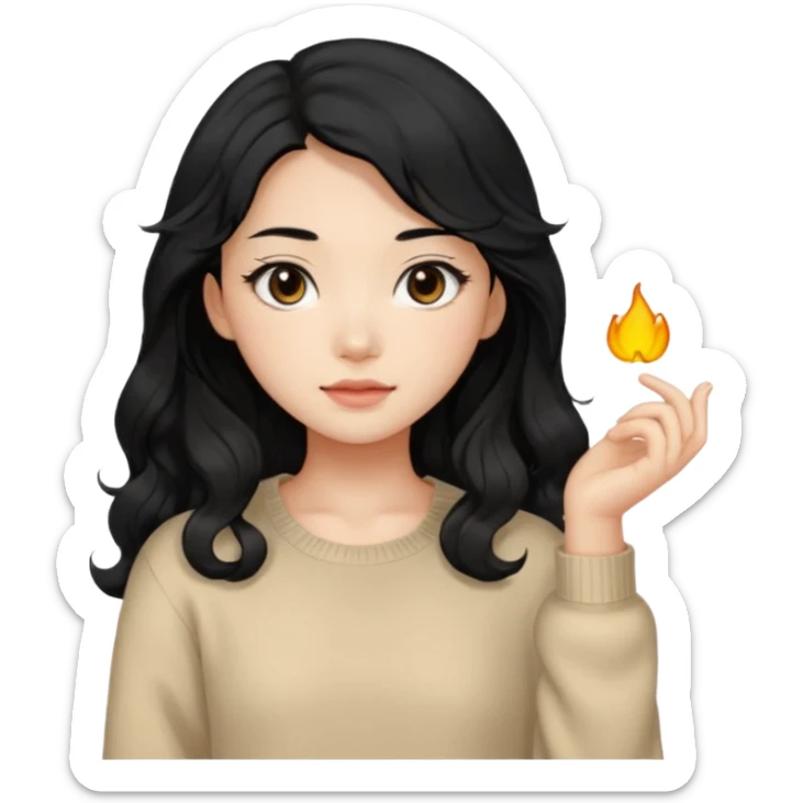 Beautiful girl,Black hair, wavy long hair,Black eyes,Chinese, beige sweater  sticker