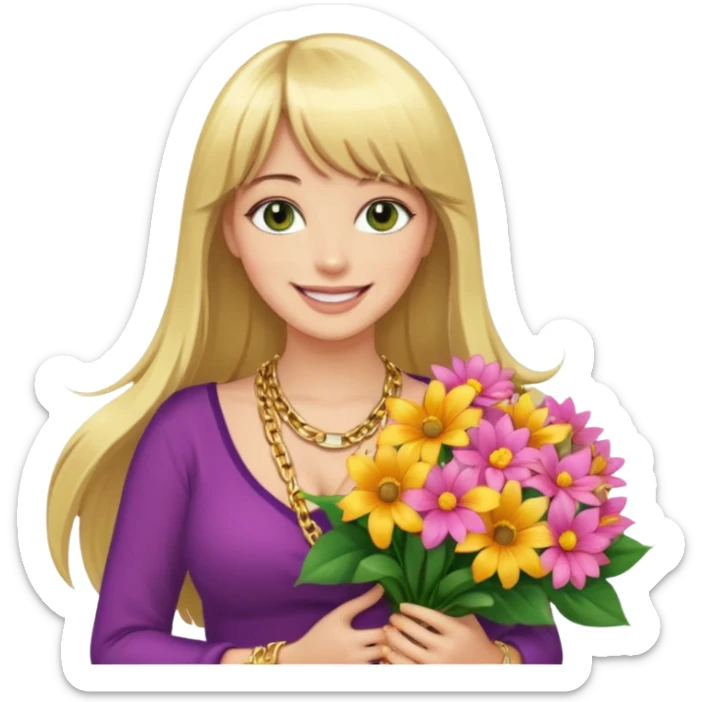 Long blonde haired with bangs, and big boobs smiling woman with hazel geen eyes, wearing gold chains,  holding a big bouquet of beautiful bright flowers  sticker