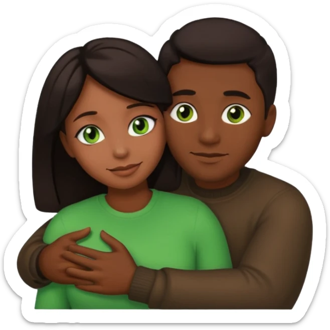 black man and woman with dark hair and green eyes in a warm hug, emoji style sticker