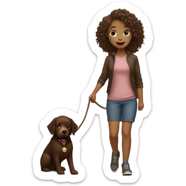 pretty girl with curly hair and she is walking a dog that is a chocolate lab sticker