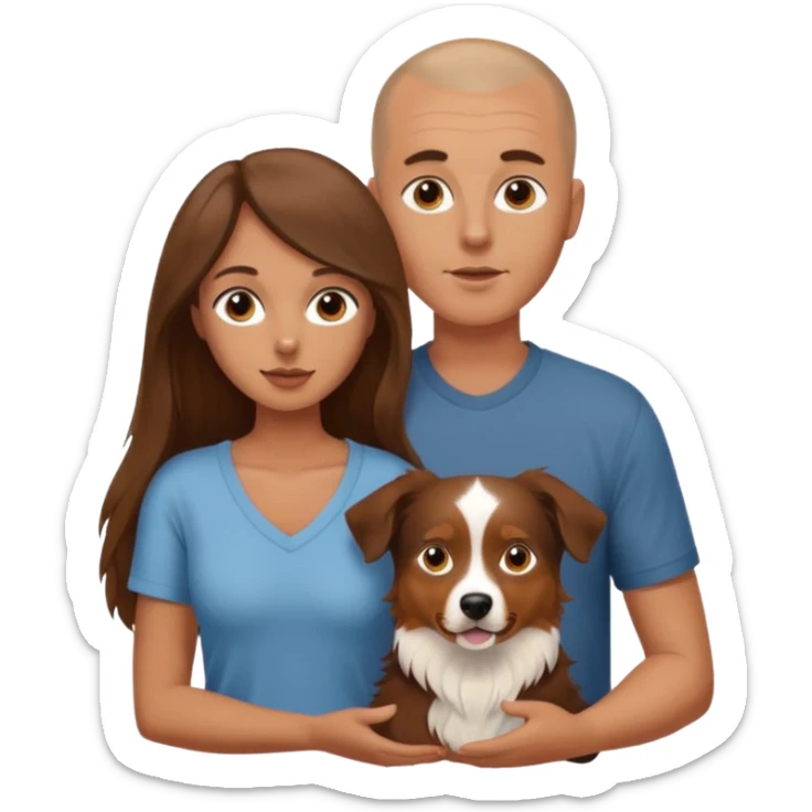 Man with shaved head holding woman with very long brown hair and one Aussie dog sticker