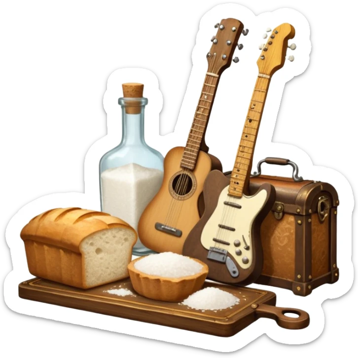 steampunk victorian - a bottle of salt (salt shaker) and a loaf of peasant bread with a small electric telecaster guitar - still life composition sticker