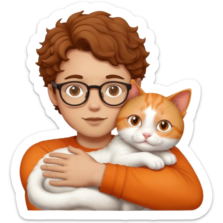 Boy with curl brown hair and glasses hugs white and orange cat sticker