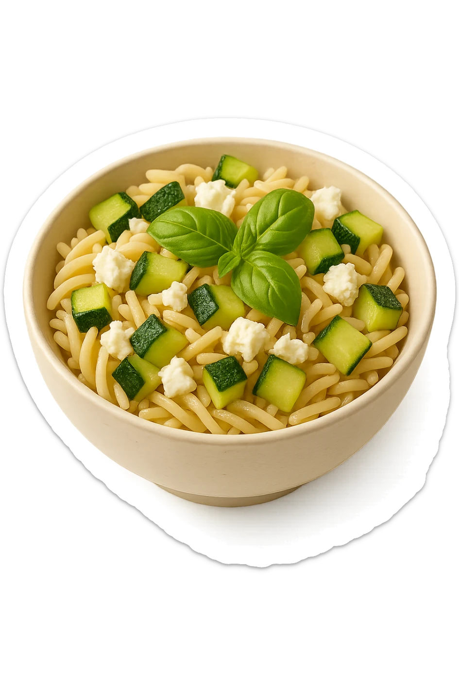 EMOJI STILE IPHONE DI bowl di Pasta di riso con zucchine, basilico e feta, iperrealistica 4k sticker