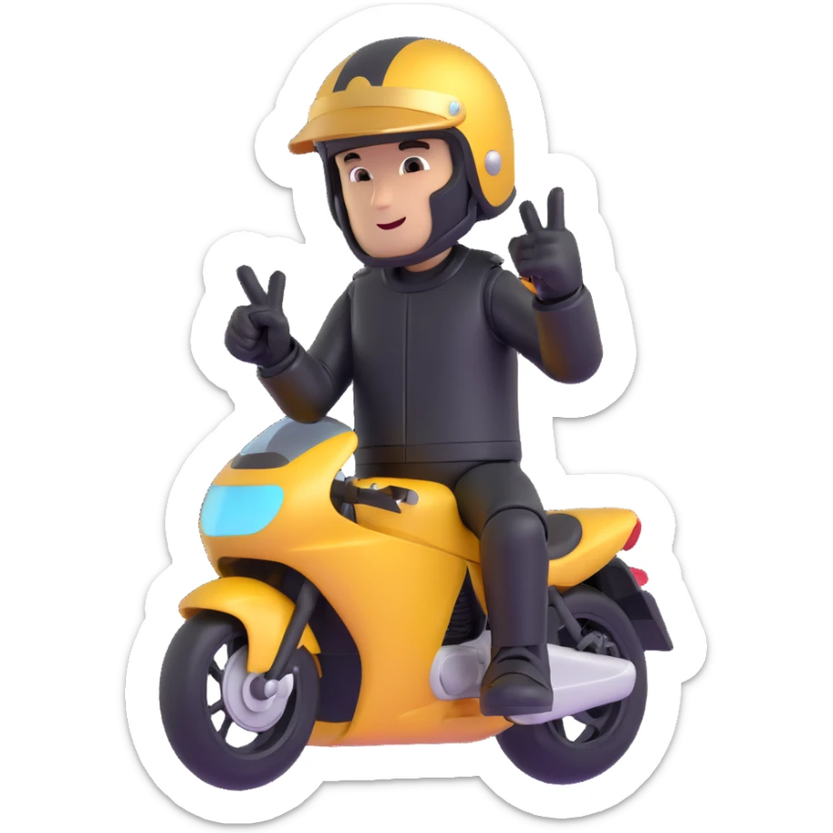 A motorcyclist in a black helmet with a golden visor flipping the bird sticker