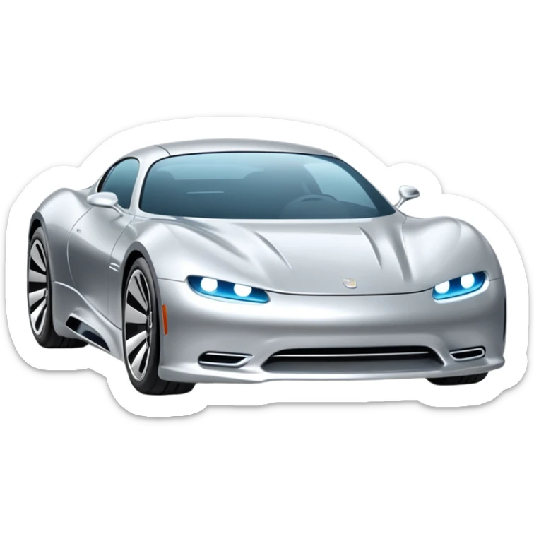 A low-profile futuristic car emoji made of polished silver chrome, wide body stance, smooth aerodynamic shape, glossy metallic surface, soft reflections, luxury swag aesthetic, minimal details, iOS emoji style, centered on clean white background, studio lighting sticker