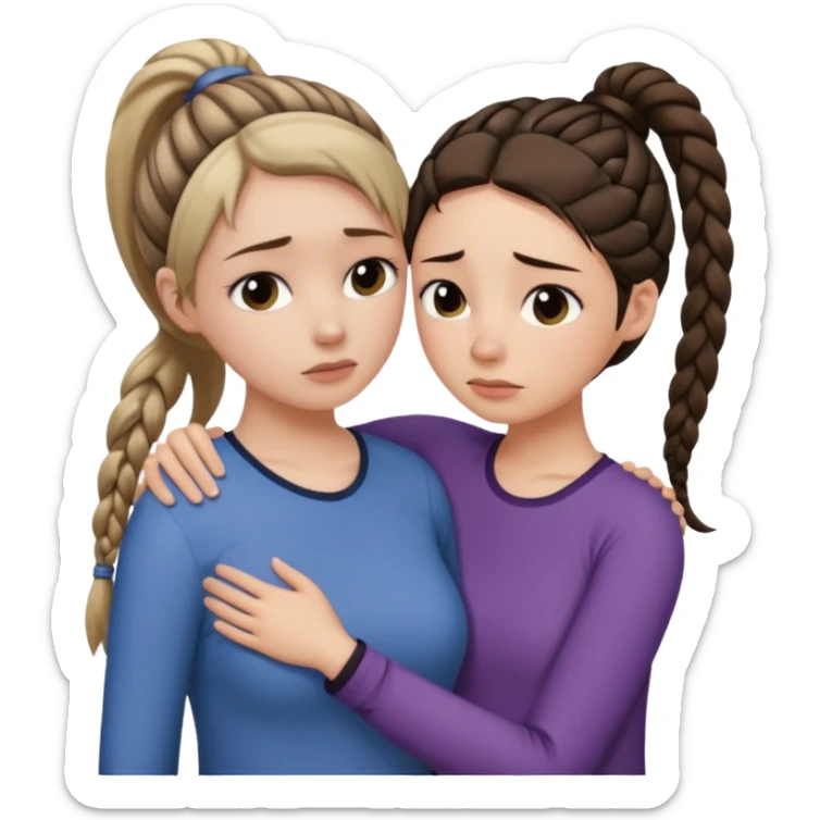 Comforting Hug two white skin women, one shorter woman with medium brown simple top ponytail, not braided, and one taller skinny sad face woman with a single long black side braid sticker