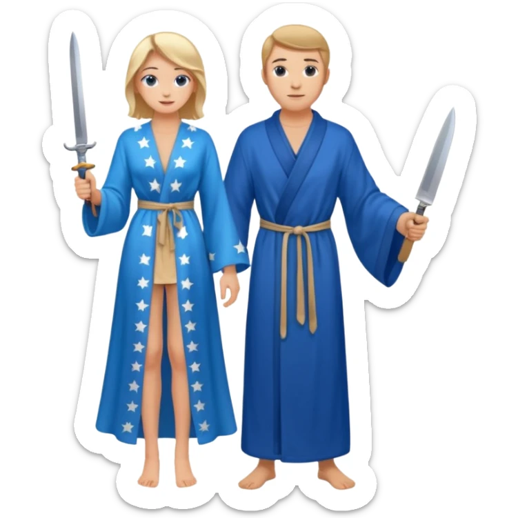 An upright Europe (a tall woman), wearing a blue, flowing robe with stars on the hem. In the background stands a man, with a knife sticker