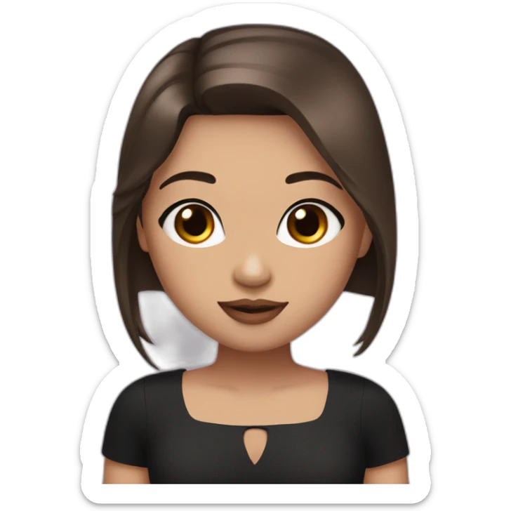 A girl with brown eyes, long straight brown hair, plump pink lips in a black dress sticker